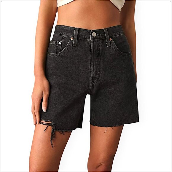 Levi's Black 501 Mid Thigh Denim Shorts Frayed Distressed Cotton NWT New 34 (36)
